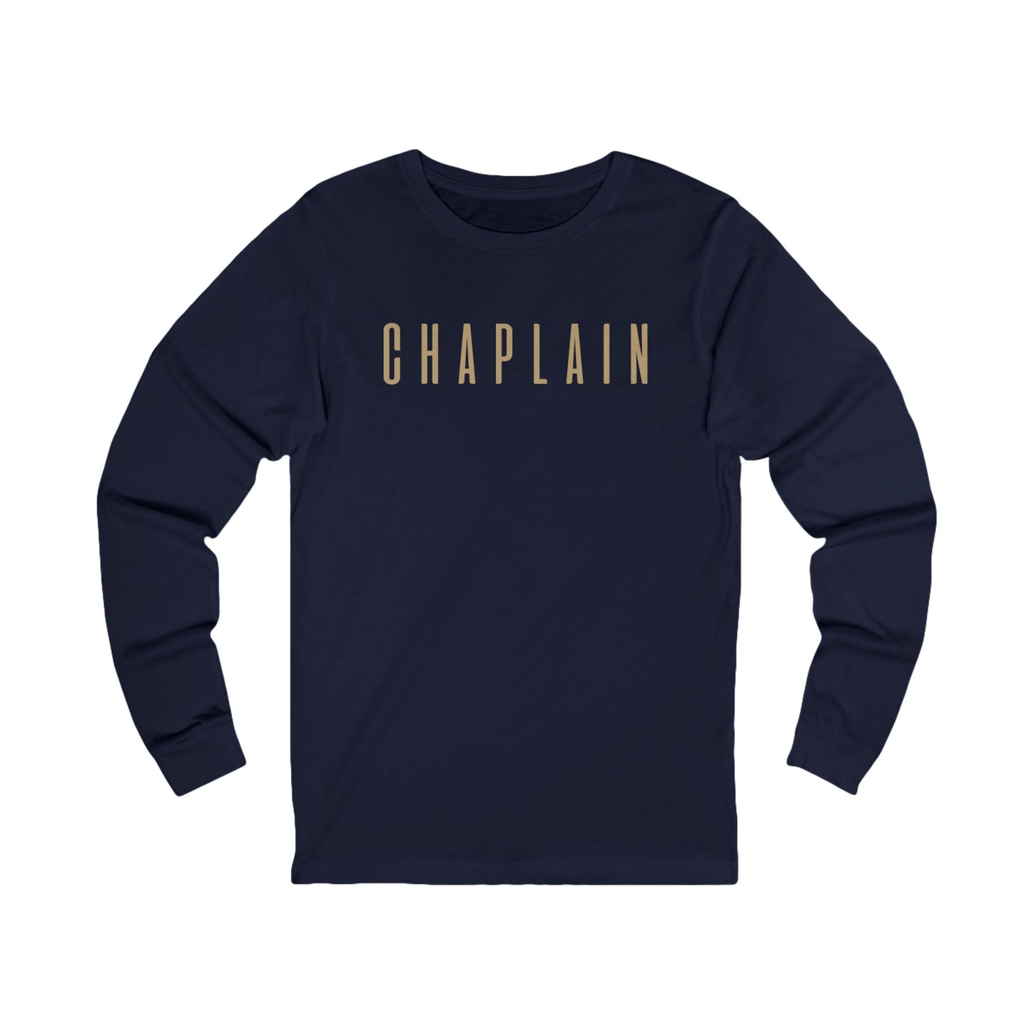 Chaplain Long Sleeve Tee — Minimal Gold Lettering Shirt