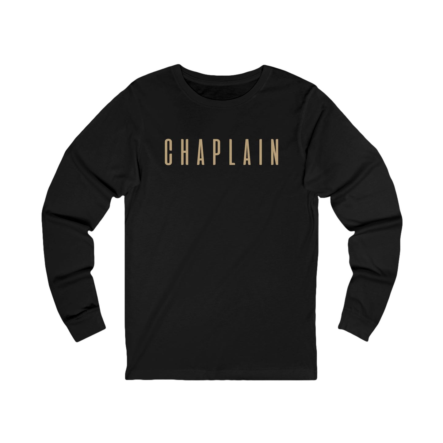 Chaplain Long Sleeve Tee — Minimal Gold Lettering Shirt