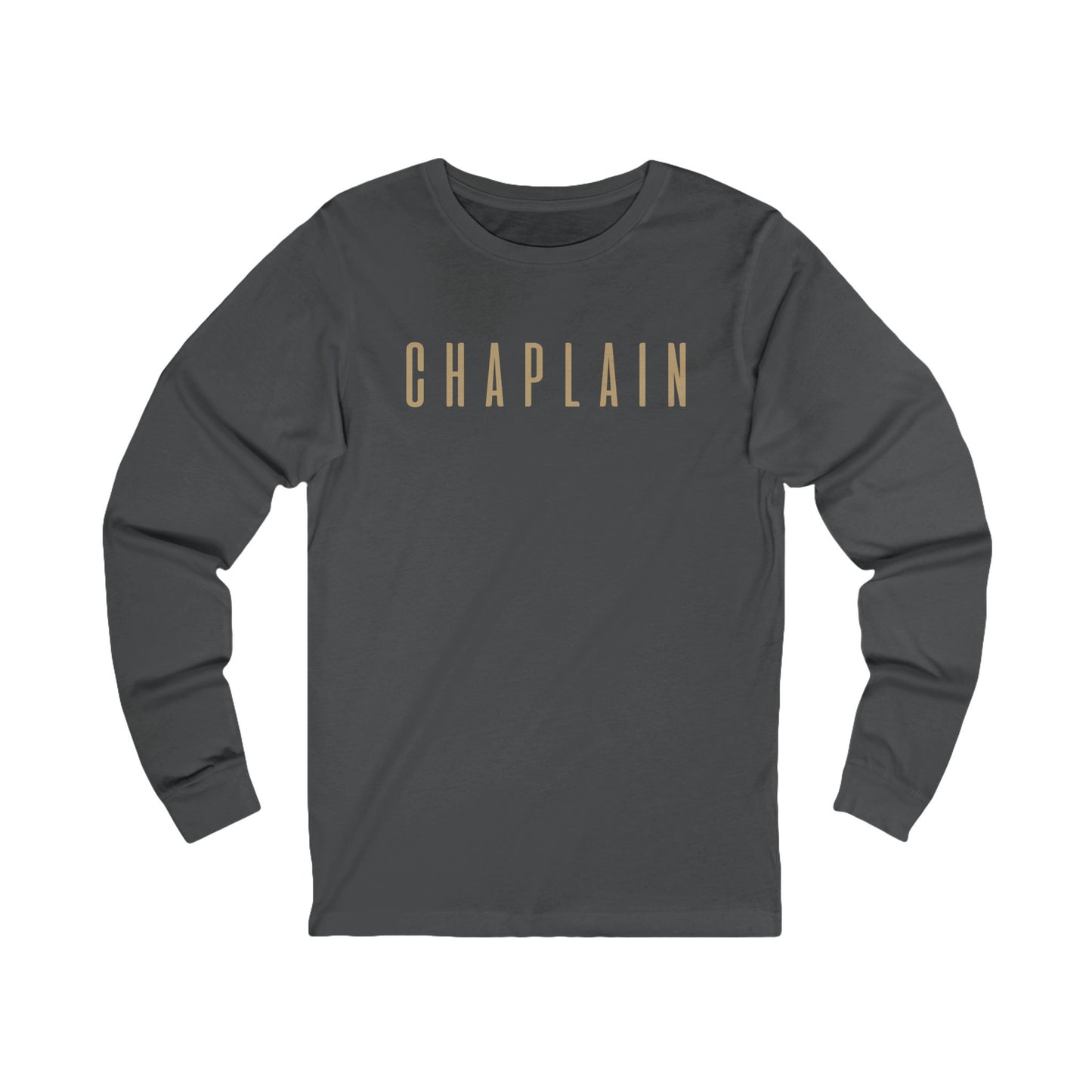 Chaplain Long Sleeve Tee — Minimal Gold Lettering Shirt